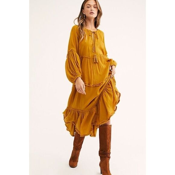 Free People In the Moment Dress M Mustard Yellow Oversized Tiered Boho Shift - Picture 2 of 13